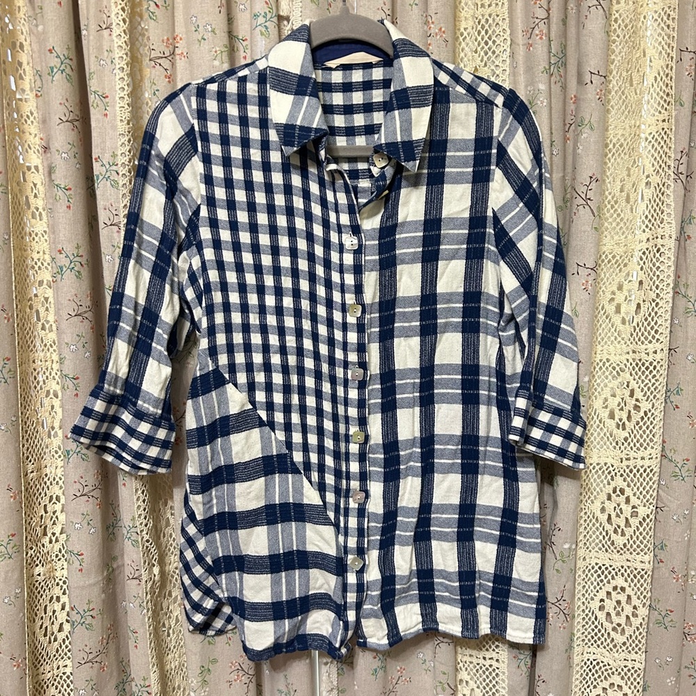Soft Surroundings PS Blue‎ Mixed Plaid Button Down Shirt Petite